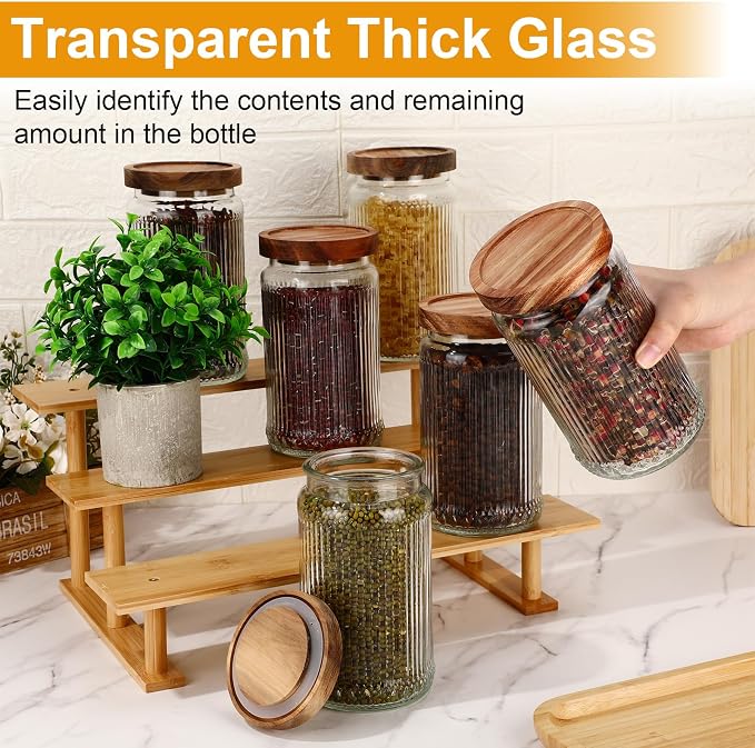 6 Pcs 1000ml/34 oz Vintage Glass Storage Jar Glass Containers with Wood Lid Ribbed Pattern Airtight Kitchen Spice Containers for Pantry, Coffee Bean, Grains, Tea, Sugar, Flour, Candy, Oats - Image 2