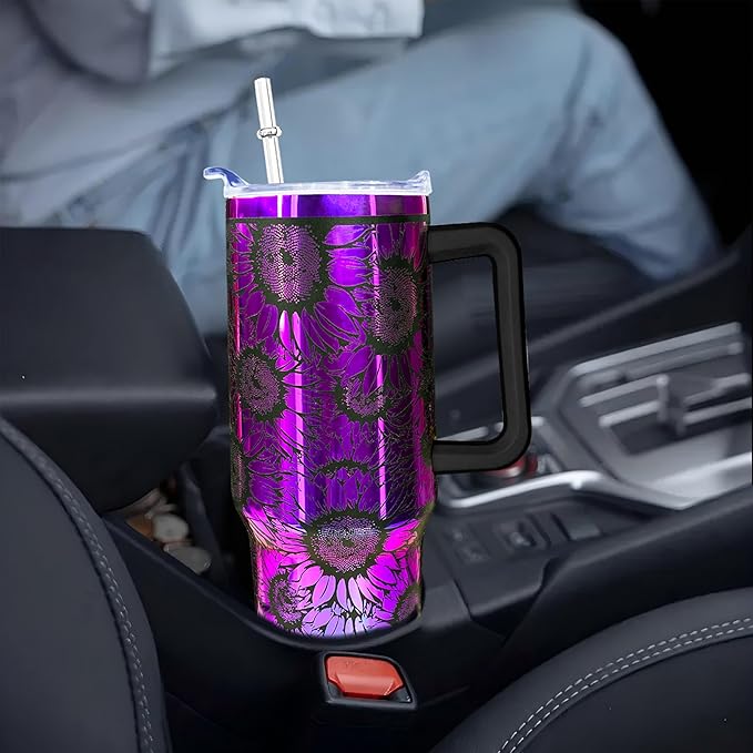 40 oz Sunflower Laser Engraving Tumbler With Handle With Lid Straw Double Insulated Travel Coffee Cup Travel Accessories Must Have Gifts For Women
