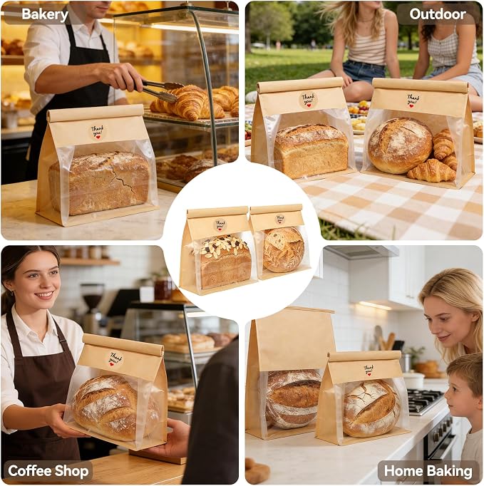 60 Count Bread Bags, Heavy Duty Kraft Bags with Tin Tie Tab Lock & Clear Window 11"x8.7"x4.3", Bakery Storage Bags with 72 Handmade Stickers - Image 7