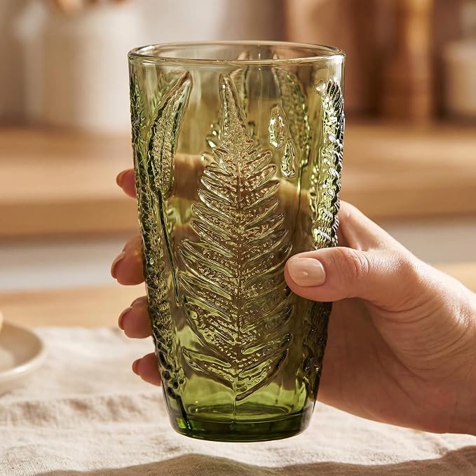 Green Drinking Glasses Set of 8, 16 oz Glass Cups, Vintage Fern Glassware | Hand-Pressed, Dishwasher Safe, Boho Leaf-Textured Drinkware, Colored Embossed Highball Tumblers for Water, Retro Kitchen Gift - Image 3