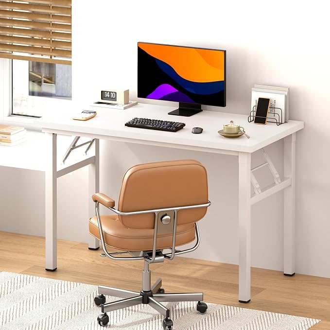DlandHome 39.4 Inch Small Folding Computer Desk for Home Office, White | Foldable Writing Table for Small Spaces Bedroom, No Assembly Required, Wood Top Metal Frame, Collapsible Compact Easy Storage - Image 2