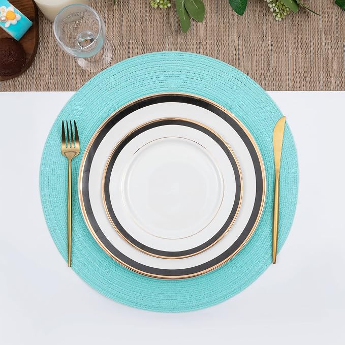 SHACOS Round Placemats Set of 6 Washable 15 inch Round Table Mats Cotton Polyester Woven Braided Place Mats for Dining Table (Aqua, 6) - Image 8