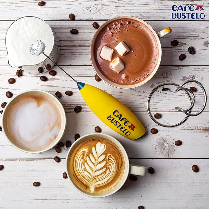 Café Bustelo Electric Coffee Milk Frother – Handheld Battery-Operated Drink Mixer with Stainless Steel Whisk & Stand, Bold Yellow Design, Perfect for Lattes, Cappuccinos & Café-Style Coffee Drinks