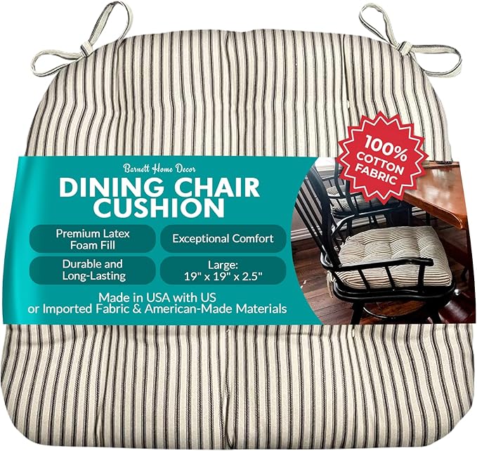 Barnett Home Decor Ticking Stripe Black Dining Chair Pad with Ties - 19" x 19" Size Large Chair Cushion - Latex Foam Fill - Machine Washable, Reversible, 100% Cotton, Made in USA by BarnettHomeDecor