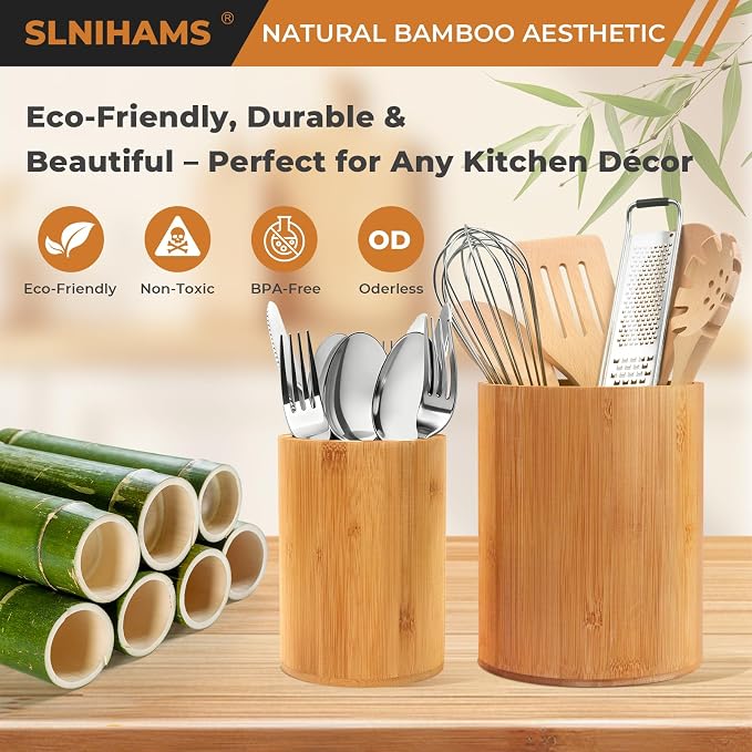 Bamboo Utensil Holder, 7.3"+5.4" Set of 2 Utensil Holders for Kitchen Counter, Bamboo Spoon and Chopstick Organizer, Flatware, Spatula & Silverware Storage Containers, for Countertop & Pantry - Image 4