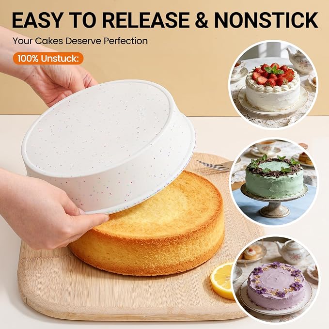 CAKETIME 8 Inch Silicone Round Cake Pan with Metal Reinforced Frame Set of 2, Non-stick & BPA Free, Even Heat Distribution, Stackable & Dishwasher Safe - Image 4