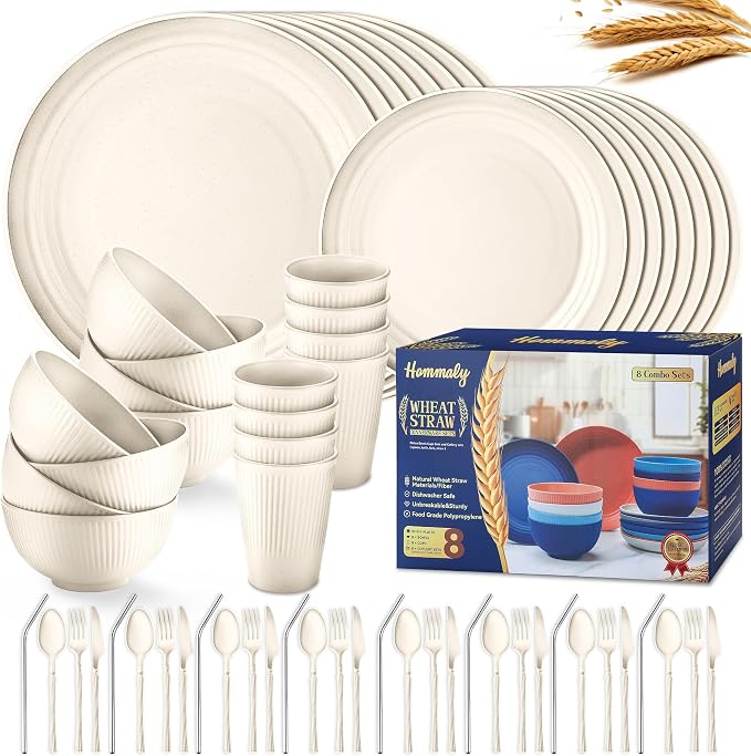 Wheat Straw Dinnerware Sets,64-Piece Beige Plates and Bowls Sets for 8-Unbreakable,Reusable Plastic Dish Set-Dinner Plate/Dessert Plate/Cereal Bowl/Cup/Utensils-Microwavable Dishwasher Safe 64P-Beige by HOMMALY