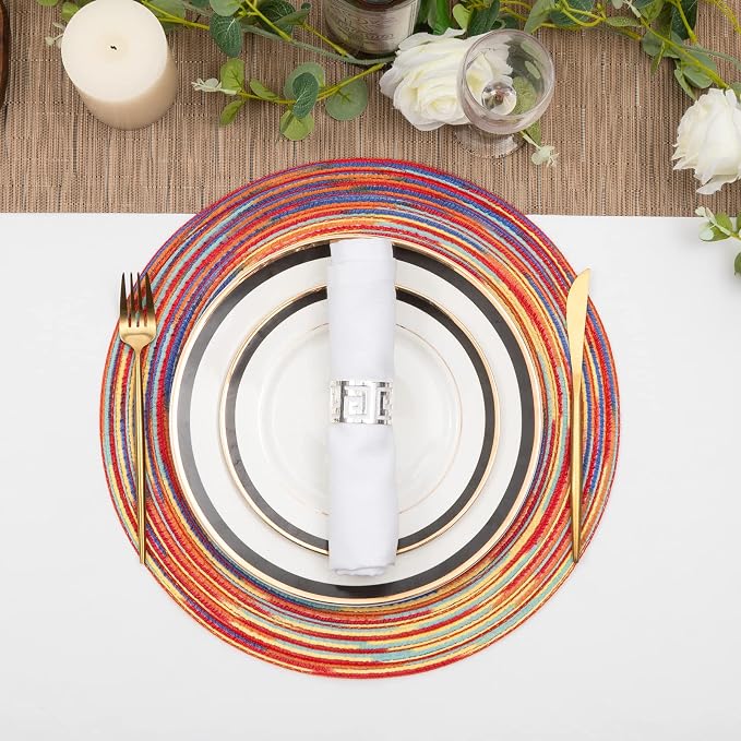 SHACOS Round Braided Placemats Set of 6 Table Mats Colorful Place Mats for Dining Tables Holiday Party Decor (Rainbow Red, 6) - Image 5
