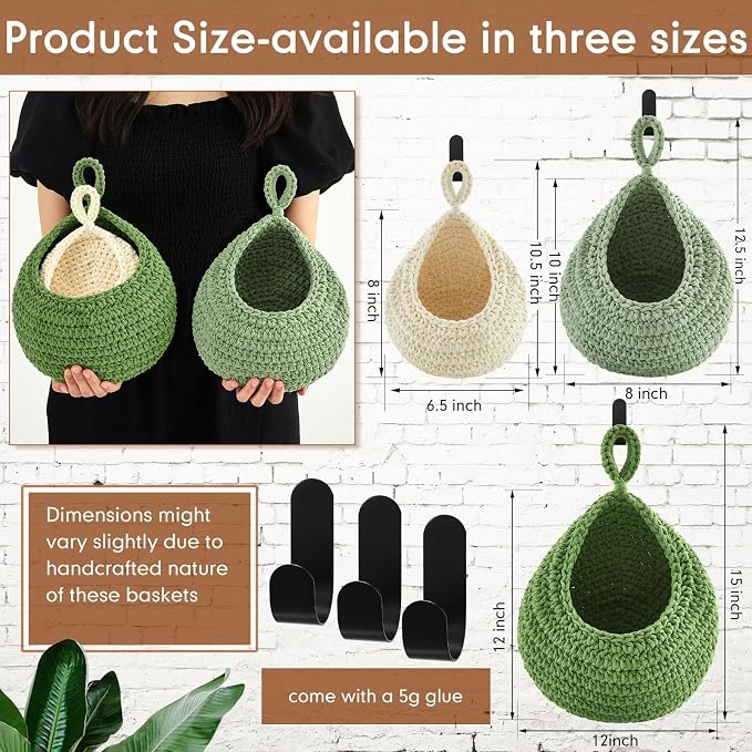 Honeydak Boho Decor Hanging Wall Baskets for Kitchen 3 Pack Teardrop Baskets with Hooks Storage Fruit Onion Vegetable Potato for Home - Image 2