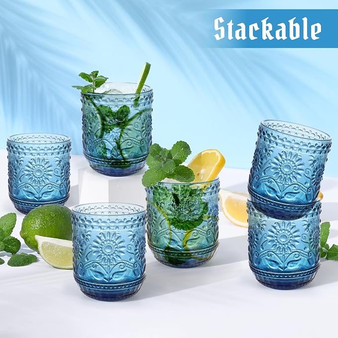 Topsky Vintage Drinking Glass Set of 6,12 oz Embossed Floral Decorative Glassware Set,Glass Cups Wine Glasses Beverages Tumblers Colored Glassware for Whisky,Beer,Juice,Cocktail,Heavy Duty - Image 8