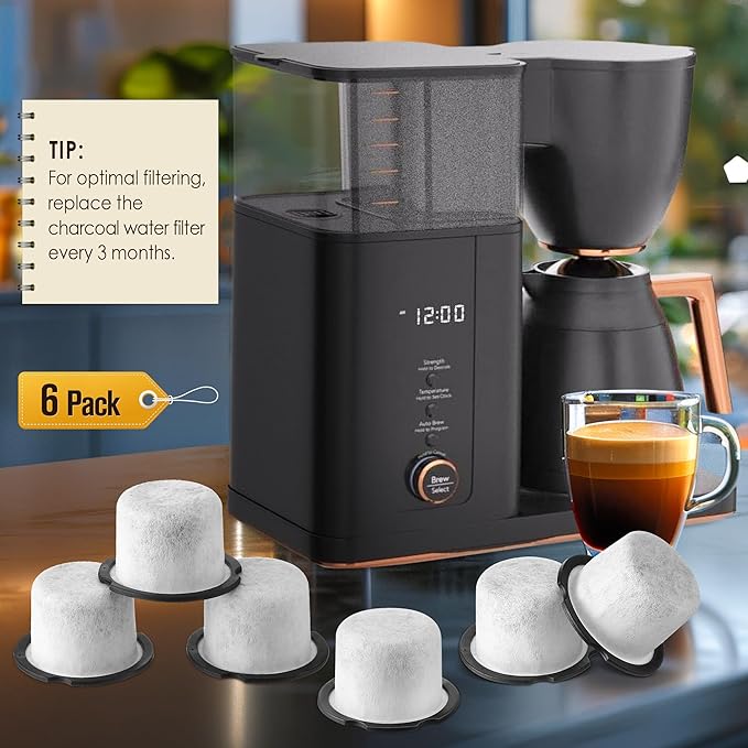 Qualirey 6 Pack Coffee Water Filter Replacement, Compatible with Café and GE Profile Grind & Brew Machine, Charcoal Coffee Filter Cartridges, Replacement for C7CGFLTR, Replace Every 3 Months