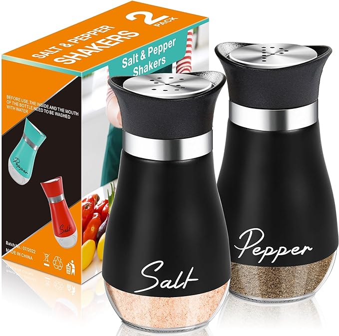 Salt and Pepper Shakers Set,4 oz Glass Bottom Salt Pepper Shaker with Stainless Steel Lid for Kitchen Gadgets Cooking Table, RV, Camp,BBQ Refillable Design (Black) by ARROZON
