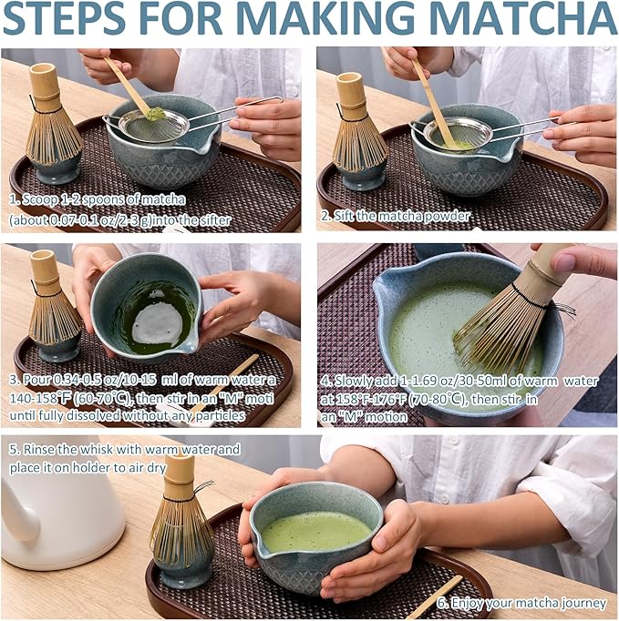Joyscale Matcha Whisk Set, Matcha Set Whisk And Bowl, 8 Pcs Matcha Kit Set(Texture Design), 16 OZ, Japanese Matcha Tea Set, Matcha Making Kit Gifts for Tea Lovers(Sapphire Blue)