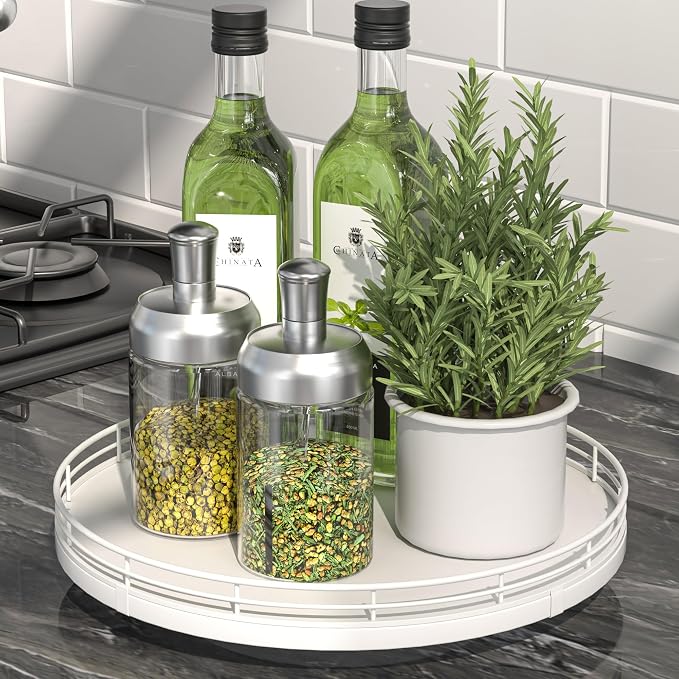 Oroyutor 10-Inch Oak Lazy Susan Spice Organizer, White Finish | Rotating oak tray organizes spices, toiletries and decor on kitchen counters, bathroom vanities, dining and coffee tables. by Oroyutor