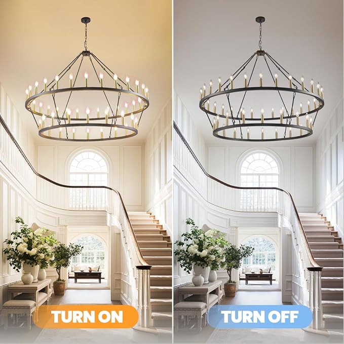 WJShome 55 Inch Farmhouse Wagon Wheel Chandelier - 2 Tier 48-Light Rustic Black and Gold Chandeliers, for Living Room, Entryway and Staircase - Image 4