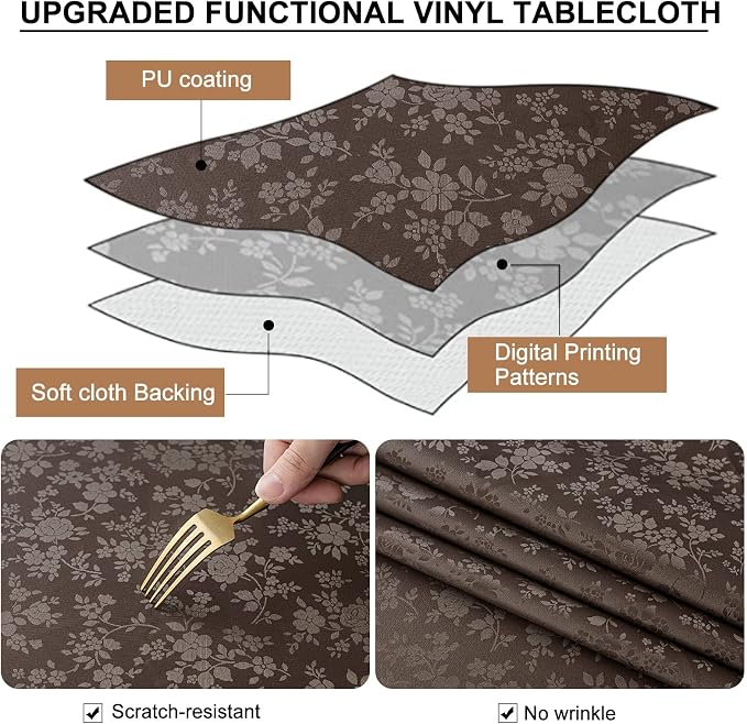 Smiry Rectangle Waterproof Heavy Duty Vinyl Tablecloths, 60 x 140 Inch | Wipeable Washable Floral Embossed Table Cover for Kitchen and Dining Room, Indoor & Outdoor Use, Coffee - Image 3