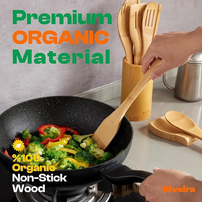 Riveira Bamboo Cooking Spoons 6-Piece – Wooden Cooking Utensils Set with Wooden Spoons for Cooking & Spatulas Wooden Utensil Sets – Premium Kitchen Utensils Set – Durable First Apartment Essentials - Image 2