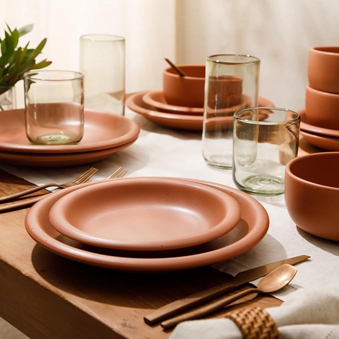 Bloomhouse - Two Time Oprah's Favorite Things Winner - Corsica Clay 12-Piece Stoneware Rustic Reactive Glaze Dinnerware Set - Stackable Plates Bowls Set Service for 4 - Matte Burnt Apricot Terracotta - Image 2
