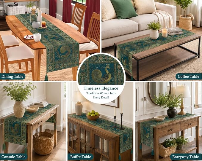 Peacock Design Silk Table Runner 60 x 16 Inch, Green and Gold Decorative Table Cloth, Vintage Floral Dining Table Runner for Kitchen, Coffee Table and Home Decor - Image 5