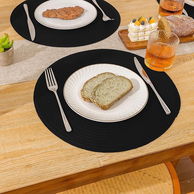 SHACOS Round Braided Placemats Set of 8 Washable Cotton Polyester Woven Round Table Mats for Dining Tables 15 inch (Black, 8) - Image 9