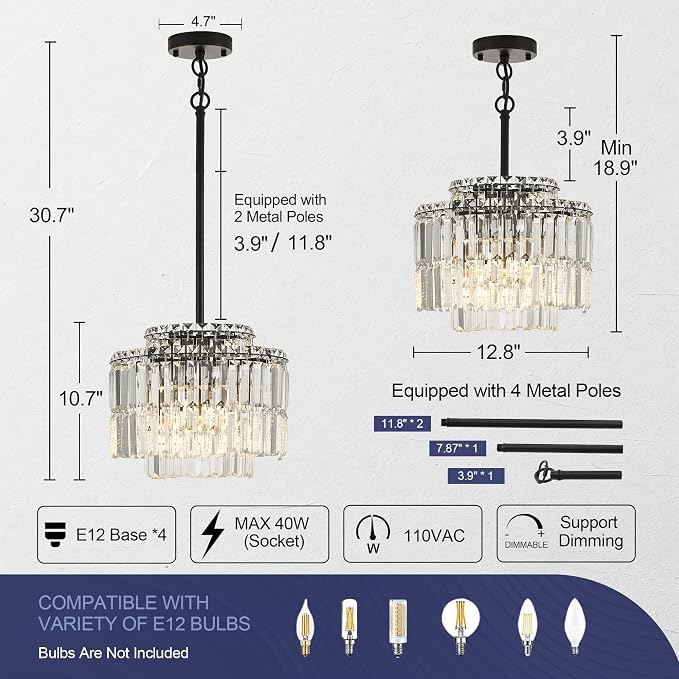 Modern 12.8“ Black Crystal Chandelier Ceiling Light Fixtures for Dining Room Luxury Glam 4-Light Crystal Chandeliers Lighting for Bedroom Entryway Hallway Living Room Kitchen Island Foyer - Image 2