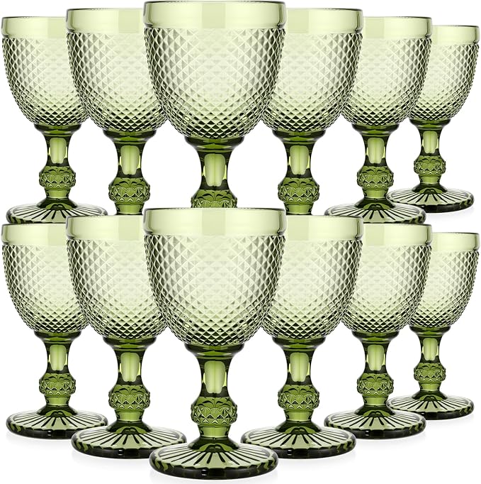 Bokon 12 Pack Green Glass Goblets Set 10 oz High Clear Wine Glass Vintage Water Goblets Cups Embossed Diamond Design Glassware with Stem for Drinking Juice Liquor Party Wedding Bar by Bokon