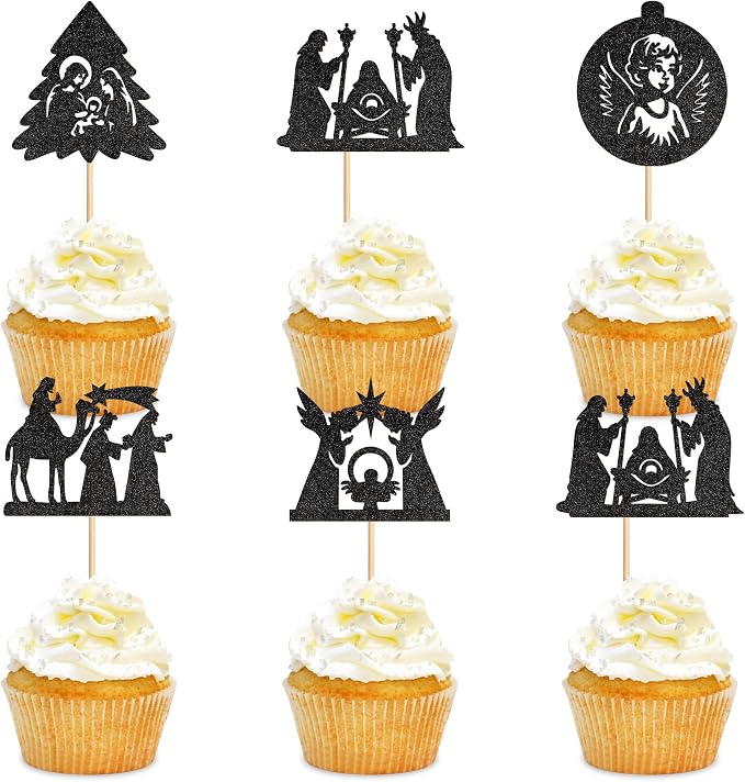 25Pcs Religious Baby Cupcake Toppers Black Glitter Christmas Cake Picks for Christian Baby Shower Birthday Party Cake Decorations by Cyodoos