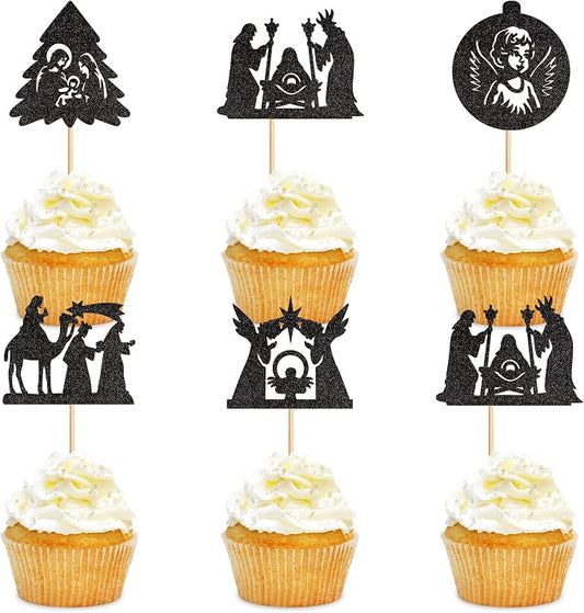 25Pcs Religious Baby Cupcake Toppers Black Glitter Christmas Cake Picks for Christian Baby Shower Birthday Party Cake Decorations by Cyodoos
