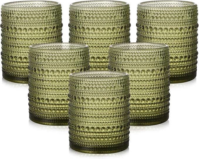 ZMOWIPDL Drinking Glasses Set of 6,12oz Green Hobnail Glass Cups | Vintage Glassware，Embossed Water Tumbler,for Beer,Cocktail,Whiskey,Juice and Various Mixed Drinks- 1 Cleaning Brush by ZMOWIPDL