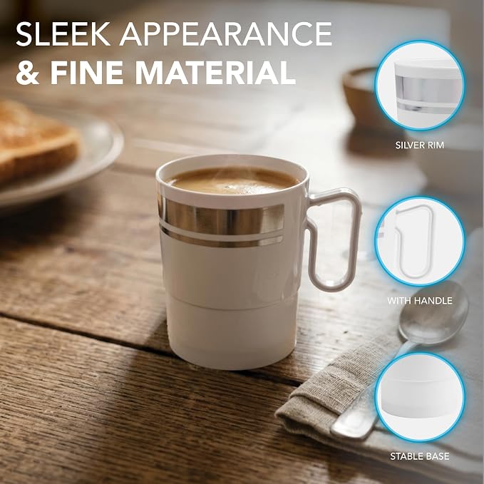 Party Essentials 8-Ounce Hard Plastic Coffee Cup/Tea Mug with Handle, 20-Count, White W/Silver Rim - Image 5
