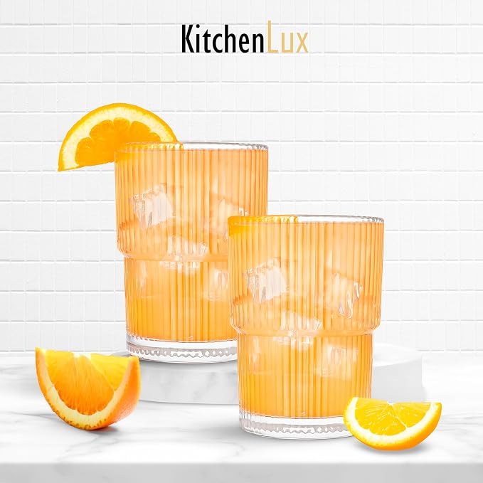 Kitchen Lux Ribbed Drinking Glasses - Ribbed Glass Cups 15 oz - Ribbed Glassware Set of 6 - Textured Vintage Retro Ripple Aesthetic Glass Ware for Whiskey Cocktail Beer Water, Coffee Bar Accessories - Image 8