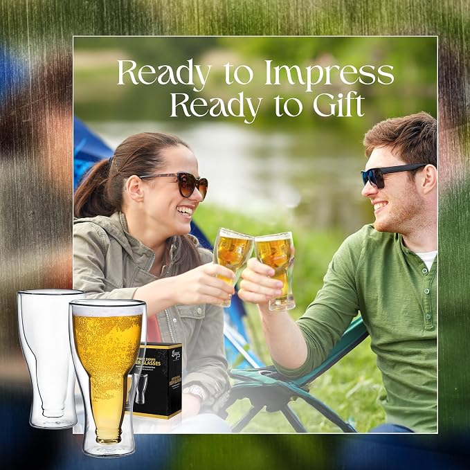 Dragon Glassware Upside Down Beer Glasses, 13.5 oz Set of 2 - Clear | Double Wall Insulated Beer Glass Set of 2; Upside Down Design; Holds One Full Bottle; Freezer Safe - Image 6