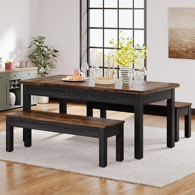 Tribesigns Farmhouse Kitchen Table Set for 4-6, 55-Inch Wooden Dining Table with 2 Benches, Space Saving 3 Pieces Heavy Duty Dinette for Dining Room, Kitchen, Small Space (Black-Brown) - Image 9