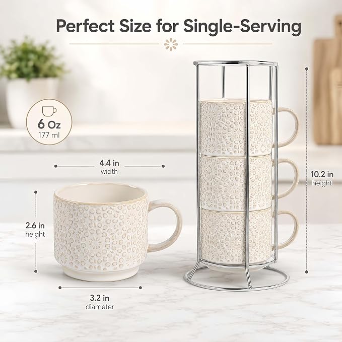 6 Oz Coffee Cups Set of 4, Stackable Espresso Cups with Metal Stand, Ceramic Cappuccino Cup, Embossed Coffee Mugs for Latte, Cocoa, Mocha, Tea, Housewarming Present, Dishwasher Safe - Image 4