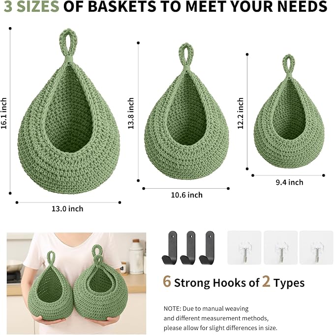 Boho Wall Hanging Fruit Baskets for Kitchen 3 Pack Woven Produce Holder with 6 Pcs Strong Hooks Vegetable Hanging Basket for Organizing Teardrop Home Wall Potato Onion Storage, Green - Image 4