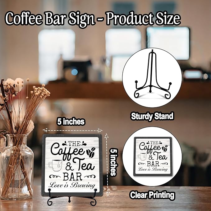 Coffee Bar Sign, Love is Brewing Farmhouse Tabletop Decor, Coffee and Tea Lover Gifts, 5x5 Wood Plaque with Iron Stand for Home Kitchen Cafe, Coffee Bar Decor – L08 - Image 2