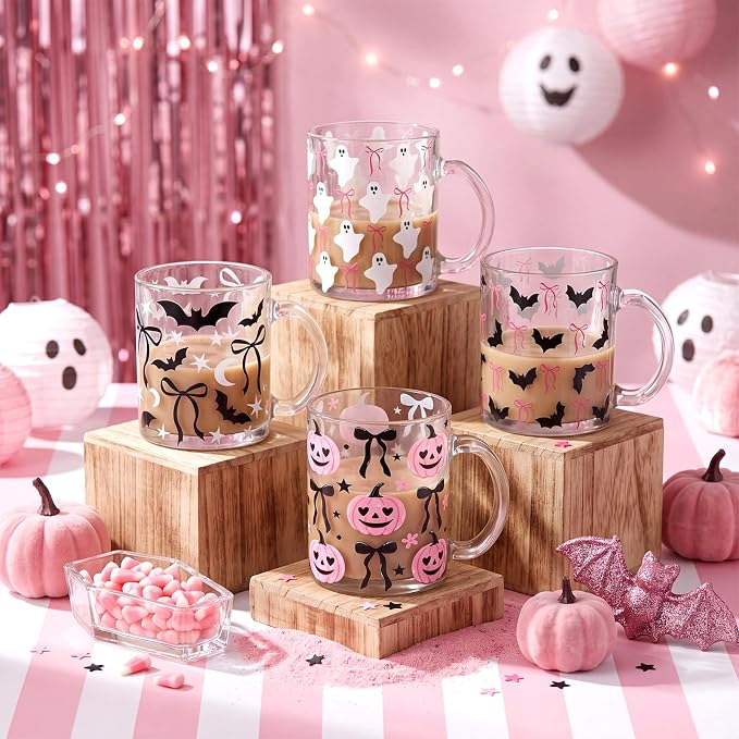 Tioncy 4 Pcs Halloween Coffee Mugs 12 oz Pink Pumpkin Glass Cups with Handle Pink Bow Coffee Cup Cute Ghost Bat Gifts Drinking Containers for Halloween Holiday Party Drinkware Accessories - Image 2