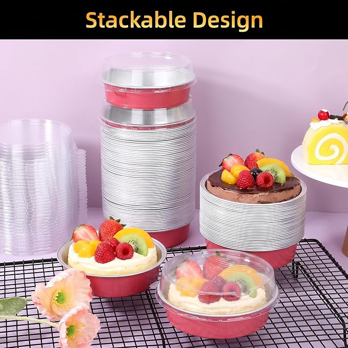 Beasea 120 Pack Disposable Ramekins with Lids, 7.3oz Grapefruit Pink Aluminum Foil Mini Pie Tins Pans Small Baking Cups, Round 4 inch Individual Cake Pans Tin for Creme Brulee Cheesecake Tart Pie - Image 5