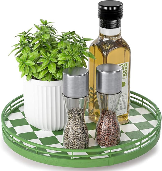 Green and White Checkerboard Lazy Susan with Rubberwood Base and Metal Rail | Smooth rotating oak tray with walnut finish for dining tables, kitchen counters, pantries and cabinet storage. by AMH