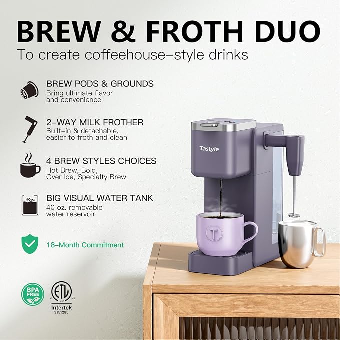 Tastyle Single Serve Coffee Maker with Built-in Detachable Milk Frother | For K Cups & Grounds, 40oz Removable Water Tank, 6 Brew Sizes, 2 Drip Trays, BPA Free, Fits 7.3" Travel Mug, K330MF, Purple - Image 2