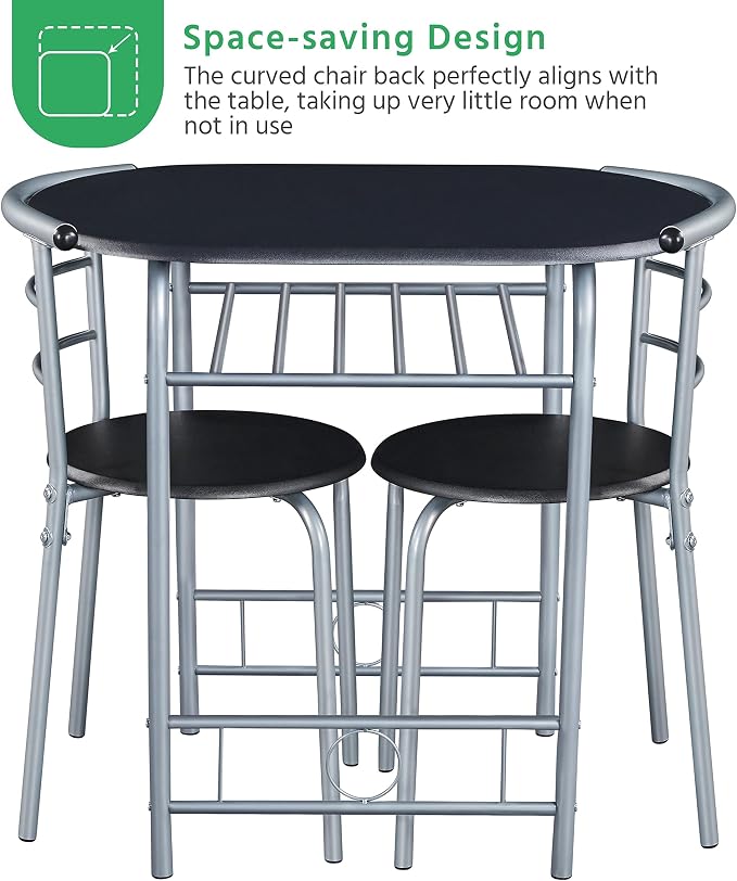 Yaheetech 3-Piece Dining Room Table Set, Kitchen Table & Chair Sets for 2, Compact Table Set w/Steel Legs, Built-in Wine Rack for Breakfast Nook, Small Space, Apartment, Black, 31.5x21x29" (LxWxH) - Image 6