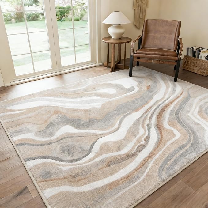 5x7 Area Rug, Machine Washable Living Room Rug - Non-Slip Low Pile Accent Rug for Bedroom, Pet Friendly, Modern Vintage Geometric Design by RICKYSERRA