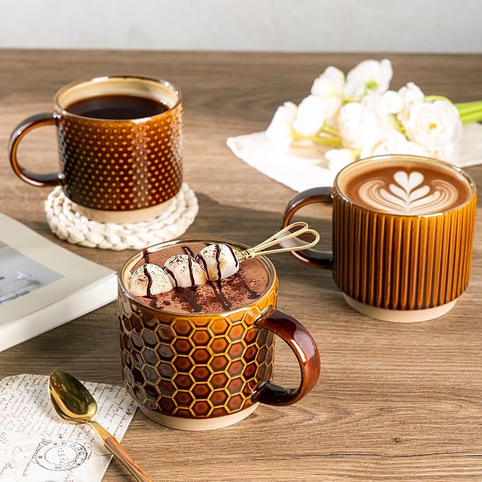 GBhome 12 OZ Stackable Coffee Mugs Set of 6, Ceramic Coffee Cups Set | 3 Assorted Designs, Embossed Mugs with Texture Patterns for Tea/Coffee, Dishwasher&Microwave Safe, Caramel - Image 6
