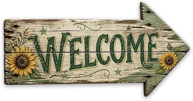 Welcome Right-Pointing Arrow Sign — Die-Cut Metal Directional Wall Decor | barnwood look, rustic, front entry, guest greeting, curb appeal, durable print, ready to hang by MRC+Wood+Products