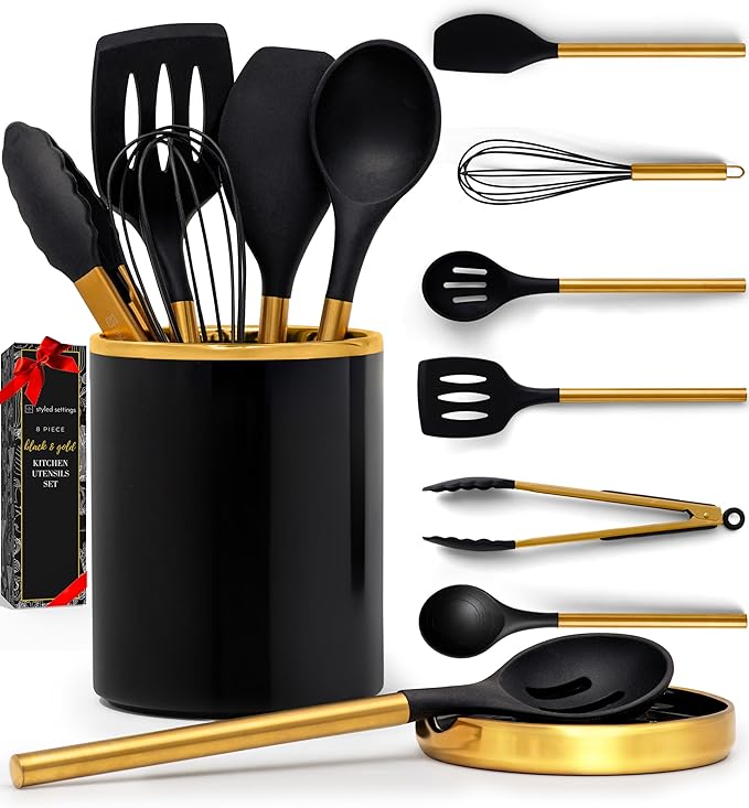 Styled Settings Black and Gold Kitchen Utensils Set with Holder, 8-Piece | Heat Resistant, Nonstick, Black Silicone Cooking Utensils Set, Ceramic Utensil Holder & Stackable Gold Spoon Rest by STYLEDSETTINGS