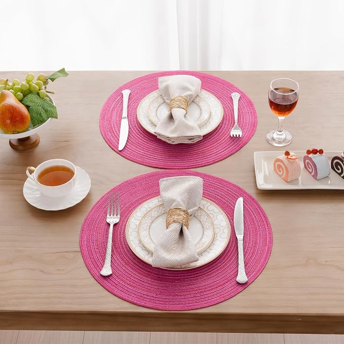 SHACOS Round Placemats Set of 8 Braided Cotton Polyester Table Placemat 15 inch Circle Place Mats for Kitchen Dining Table Holiday Party (Hot Pink, 8) - Image 2
