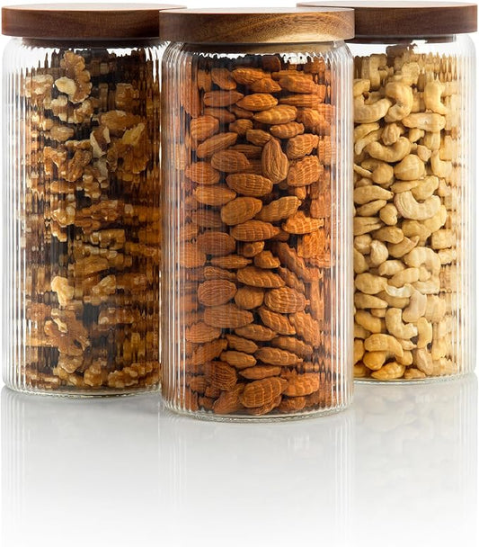 Ribbed Glass Jar with Wooden Lid 16.9oz / 27oz | Airtight Fluted Storage Container for Food, Pasta, Coffee, Candy, Dog Treats, Snacks | Canisters for Home & Kitchen (44 fl.oz / 1300ml -3X) by MasonFable