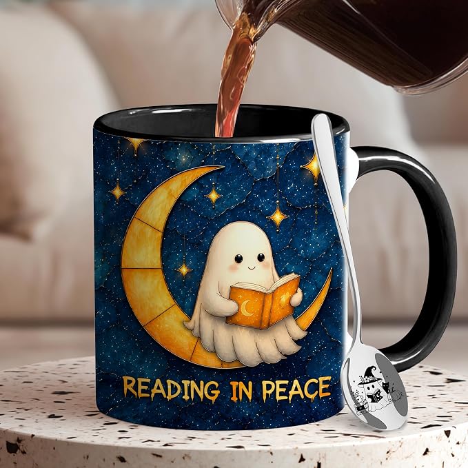 Hyturtle Cute Ghost Reading Mug with Spoon Gift for Book Lover on Halloween | Spooky Ghost Reading Themed Gifts for Readers, Halloween Decor, Double-sided print 11oz ceramic mug, Comfort grip handle - Image 5