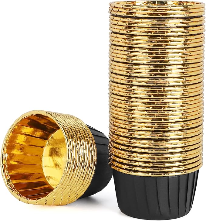 EUSOAR Foil Cupcake Liners, 3.5oz 50pcs Black Gold Disposable Mini Muffin Liners, Individual Aluminum Dessert Pudding Ramekin Cupcake Baking Cups Containers Tin for Wedding Birthday Bakery Party by EUSOAR
