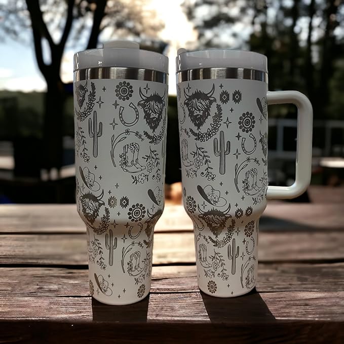 Tumbler, 40oz Tumbler, Western Tumbler, Engraved Cup with Handle, Cute Coffee Mug, 40oz Coffee Mug (White-Cactus cow(F))